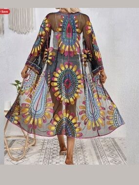Embroidered Paisley Kimono Semi Sheer Swim Cover Boho Festival